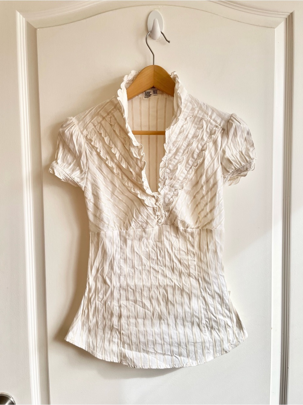 Zara Y2K Cotton Linen Pinstripe Cap Sleeve Top Ruffle Neckline Blair Waldorf